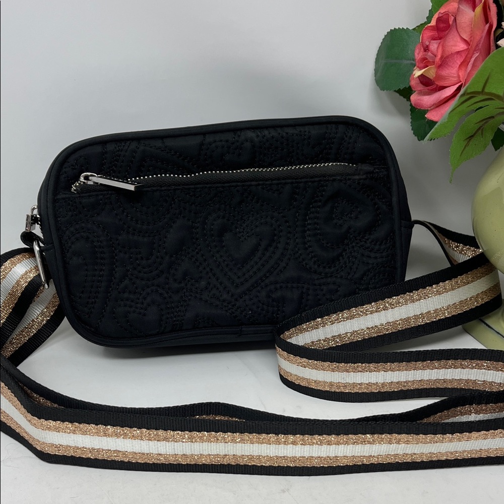 Skinnydip London Millie Camera Nylon Quilted Heart Bag Rose Gold Stripe Strap